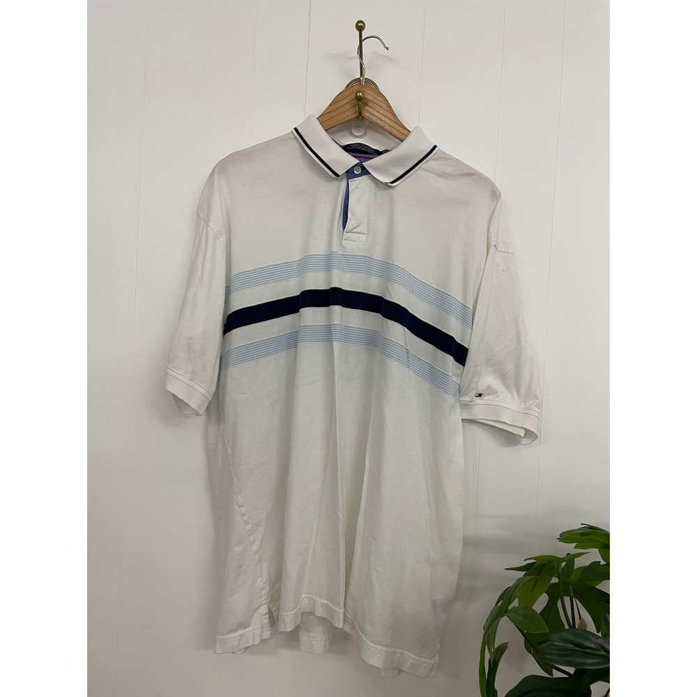 Tommy Hilfiger Mens XXL White Mercerized Cotton Striped Short Sleeve Polo Shirt